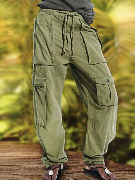 

Cotton Casual Plain Drawstring Waist Flap Pocket Cargo Pants, Green, Pants