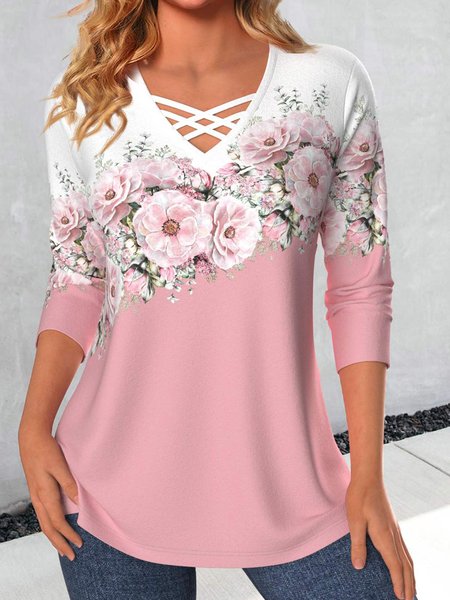 

Contrasting Floral Loose Knit T-Shirt, Pink, T-Shirts