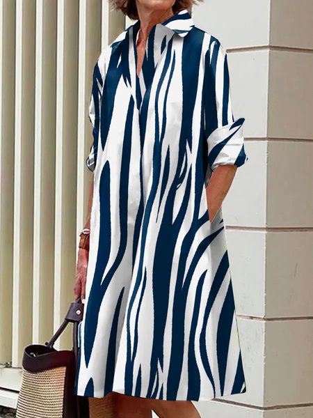 

Loose Shirt Collar Urban Striped Dress, White-blue, Midi Dresses