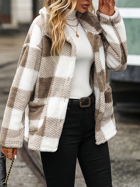 

Casual Plaid Regular Fit Shawl Collar Teddy Jacket, Khaki, Coats