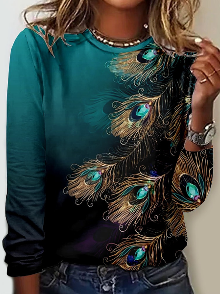

Women's Art Feather Casual Peacock Crew Neck Shirt, Green, Long sleeves