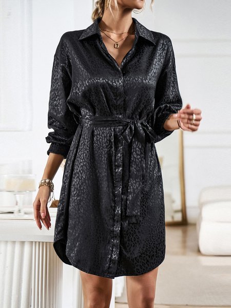 

Women Plain Shirt Collar Long Sleeve Comfy Casual Midi Dress, Black, Dresses
