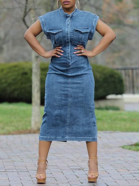 

Regular Fit Urban Denim Pockets Dress, Blue, Midi Dresses