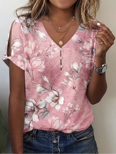 

Casual V Neck Floral Loose T-Shirt, Pink, T-Shirts