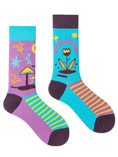 

1pair Cartoon Cat Asymmetrical Color Block Socks, Color12, Socks