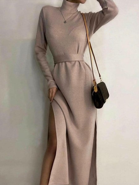 

Regular Fit Urban Plain Long Sleeve Maxi Dress With No Belt, Apricot, Maxi Dresses