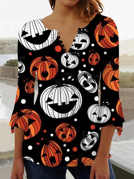Casual Halloween V Neck Regular Fit Shirt, Orange, Shirts & Blouses