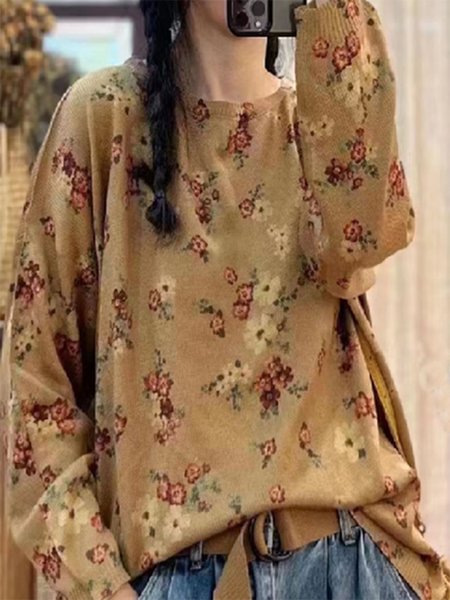 

Casual Floral Crew Neck Sweater, Brown, Sweaters