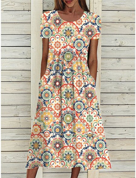 

Boho Vaction Short Sleeve Fit Ethnic Printing Casual Long Dress, Orange, Dresses