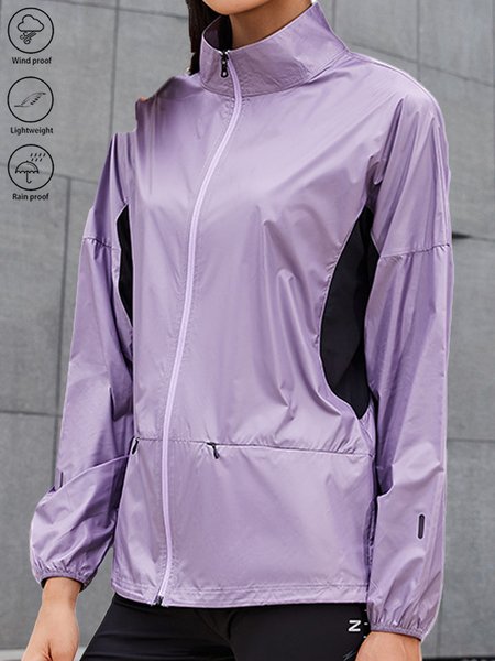 

Stand Collar Long Sleeve Color Block Pocket Stitching Regular Regular Fit Pilot Trench Coat For Women, Purple, Trench coat