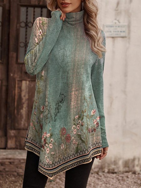 

Turtleneck Floral Casual Asymmetric T-Shirt, Green, Long sleeves