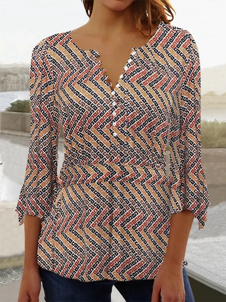 

Geometric Casual Loose Notched Shirt, Red, Shirts & Blouses