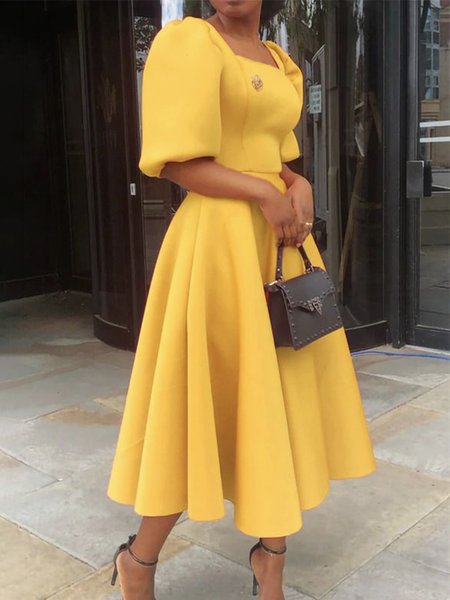 

Plain Square Neck Regular Fit Elegant Dress, Yellow, Maxi Dresses