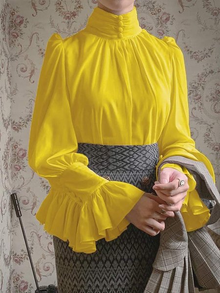 

Turtleneck Plain Elegant Regular Fit Shirt, Yellow, Blouses and Shirts