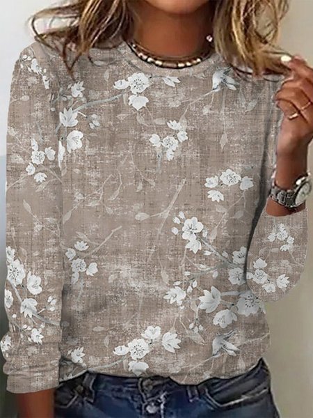

Plus Size Floral Casual Crew Neck Loose Long Sleeve T-Shirt, Khaki, Long sleeves