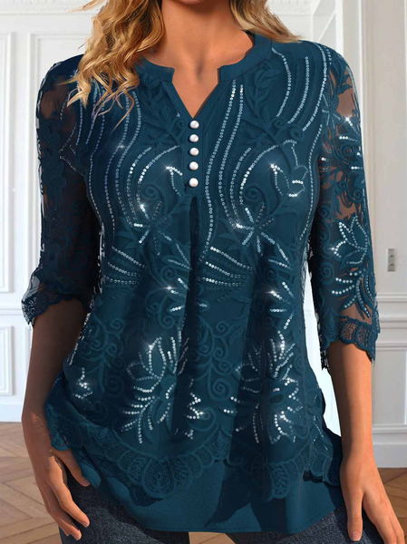 

Elegant V Neck Plain Loose Shirt, Dark blue, Shirts & Blouses