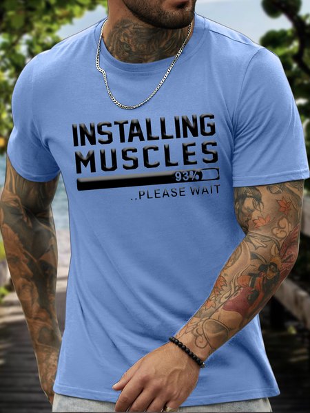

Men’s Installing Muscles Crew Neck Casual Text Letters T-Shirt, Light blue, T-shirts