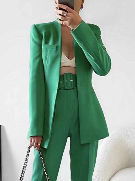 

Long Sleeve Regular Fit Urban Plain V Neck Blazer, Green, Blazers