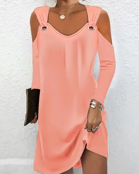 

V Neck Plain Casual Loose Dress, Orange, Dresses