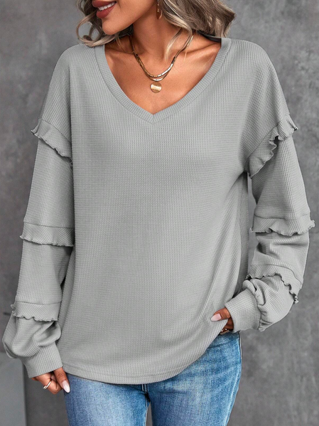 

Casual V Neck Plain Loose Solid Ruffle Trim Drop Shoulder Sweatshirt, Gray, Sweatshirts & Hoodies