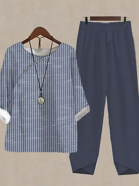 

Striped Casual Crew Neck Buckle Loose Two-Piece Set, Blue, Suit Set