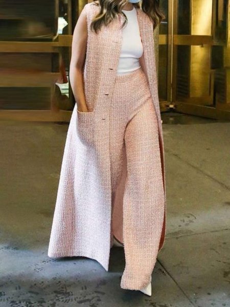 

Regular Fit Crew Neck Elegant Plain Vest, Pink, Vests and Gilets