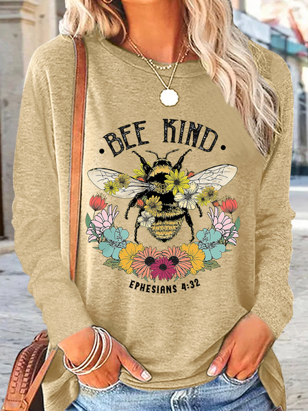 

Women's Bee Kind Cotton-Blend Casual Crew Neck Long Sleeve Shirt, Khaki, Long sleeves