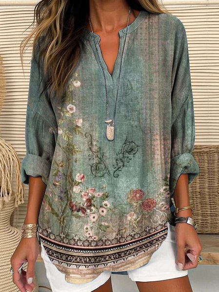 

Loose Ethnic Casual Shirt Collar Blouse, Green, Shirts & Blouses