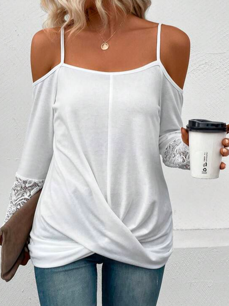 

Loose Plain Casual Contrast Lace Cold Shoulder Twist Hem T-Shirt, White, T-Shirts