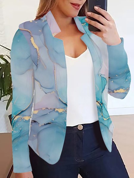 

Casual Random Print Stand Collar Loose Blazer, Blue, Blazers