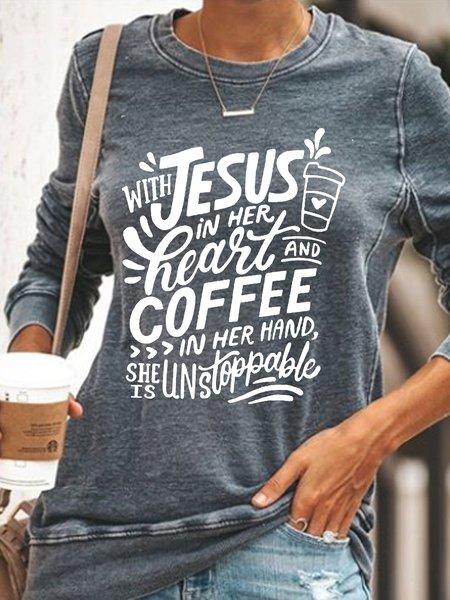 

Women's Jesus And Coffee Casual Cotton-Blend Sweatshirt, Gray, Hoodies&Sweatshirts
