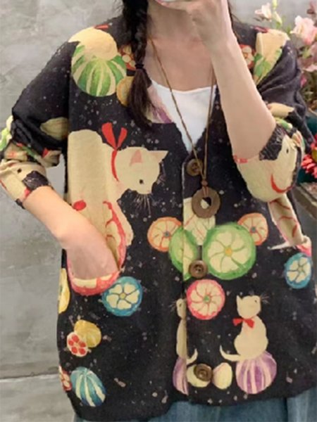 

Casual Animal Regular Fit V Neck Cardigan, Black, Sweaters