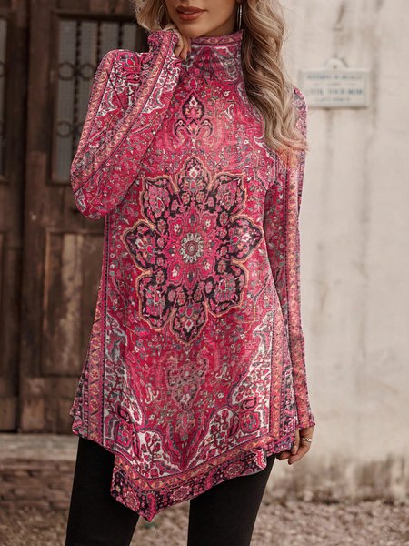 

Loose Casual Turtleneck Ethnic T-Shirt, Red, T-Shirts