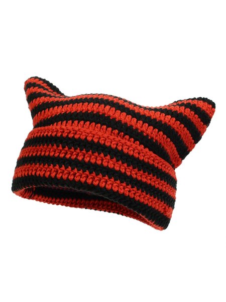 

Cat Ears Striped Cotton Blend Knit Warm Hat, Red, Women Hats