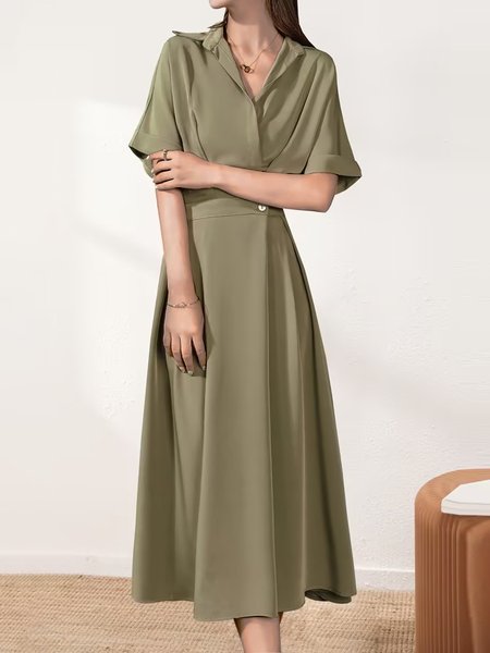 

Plain Urban Shirt Collar Dress, Khaki, Midi Dresses