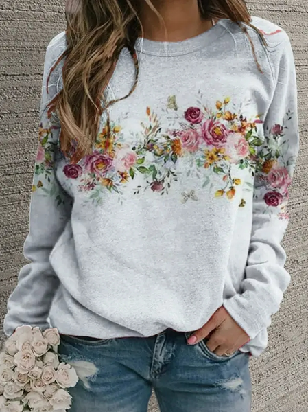 

Loose Floral Crew Neck Casual Sweatshirt, Gray, Sweatshirts & Hoodies