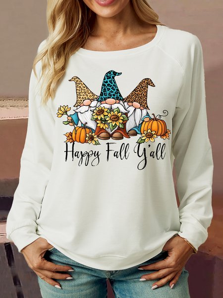 

Women's Gnomie flower pumpkin Happy fall y’all Letters Casual Crew Neck Regular Fit Sweatshirt, White, Hoodies&Sweatshirts