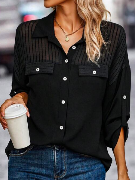 

Shirt Collar Casual Contrast Mesh Roll Tab Sleeve Blouse, Green, Shirts & Blouses
