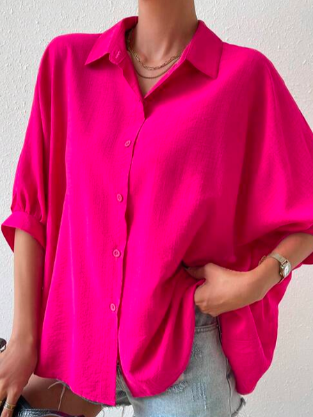 

Shirt Collar Casual Plain Solid Batwing Sleeve Button Front Blouse, Pink, Shirts & Blouses