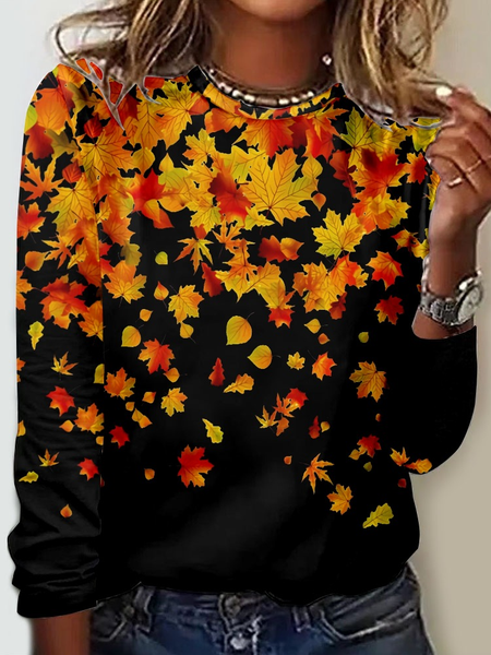 

Women's Maple Leaf Crew Neck Casual Shirt, Black, Long sleeves