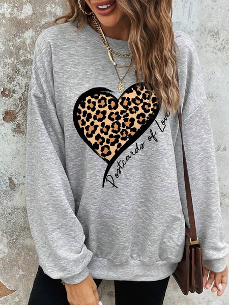 

Loose Casual Crew Neck Leopard & Slogan Graphic Drop Shoulder Sweatshirt, Gray, Sweatshirts & Hoodies