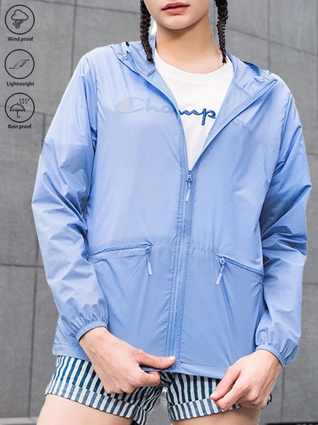 

Hoodie Long Sleeve Plain Lightweight Loose Hooded Trench Coat For Women, Blue, Trench coat