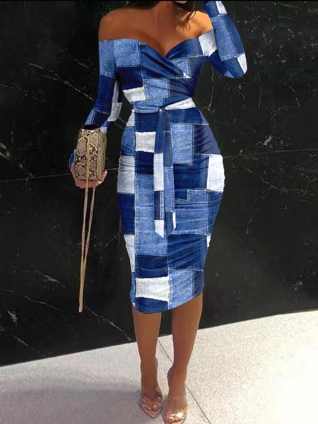

Cold Shoulder Color Block Regular Fit Urban Dress With Belt, Blue, Maxi Dresses