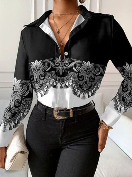 

Regular Fit Shirt Collar Long Sleeve Urban Blouse, Black-white, Blouses and Shirts