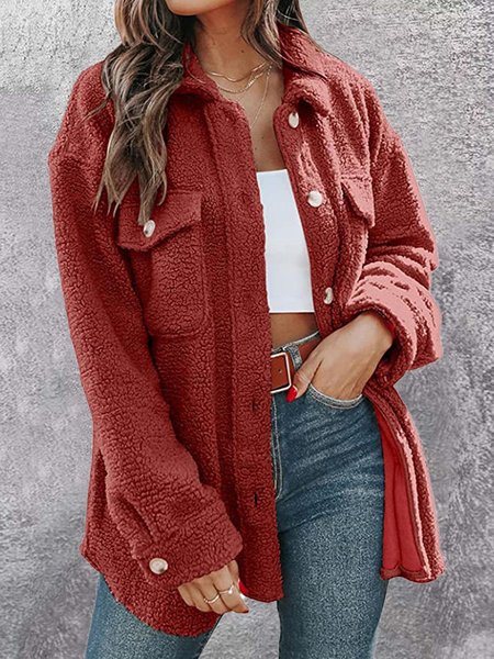 

Casual Plain Shawl Collar Regular Fit Teddy Jacket, Wine red, Coats