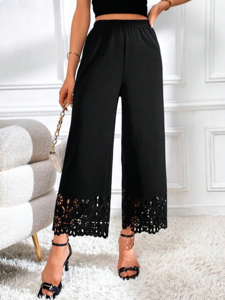 

Plain Loose Elegant Laser Cut Out Wide Leg Pants, Black, Pants