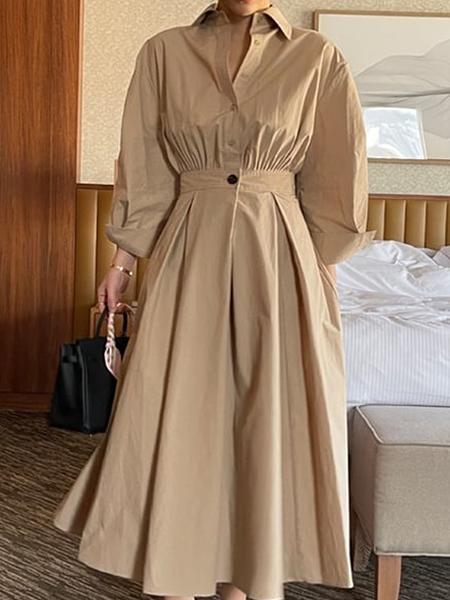 

Regular Fit Plain Long Sleeve Elegant Midi Dress Shirt Dress, Brown, Maxi Dresses