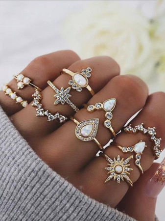 

Diamond Set Ring Star Crown Combination Ring, Golden, Rings