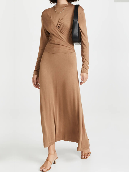 High Elasticity Plain Elegant Regular Fit Long Sleeve Crew Neck Maxi Dress, Brown, Maxi Dresses