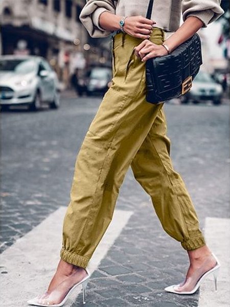 

Loose Casual Plain Cotton Cargo Pants, Yellow, Pants